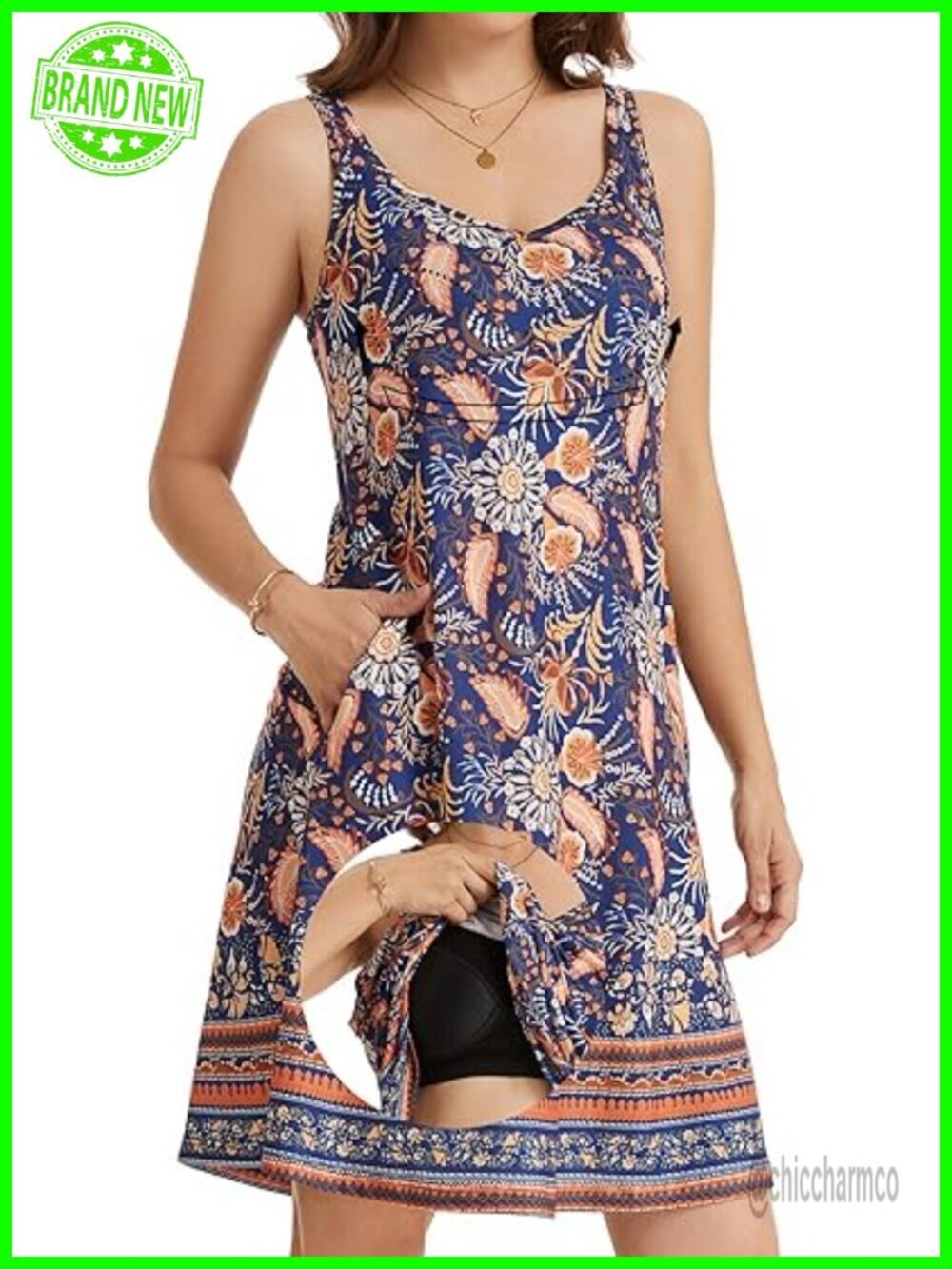 Built in Bra Summer Dress Casual Sundress Flowy Adjustable Strap Sleeveless